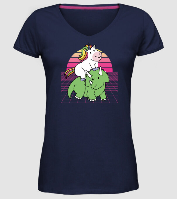 Unicorn pe dinozaur retro model albastru închis pe tricou