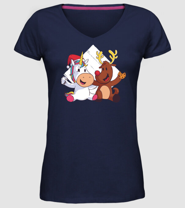 Unicorn și Ren prietenie tricou drăguț de Crăciun model albastru închis pe tricou