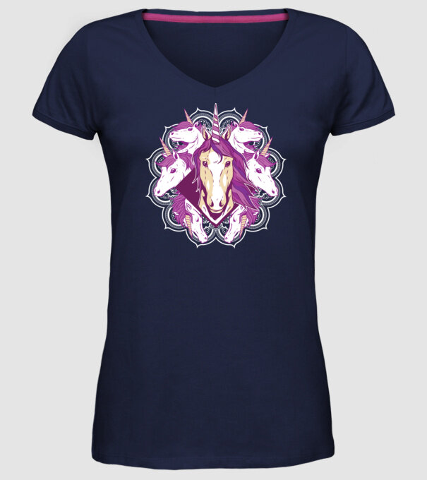 Unicorn Mandala model albastru închis pe tricou