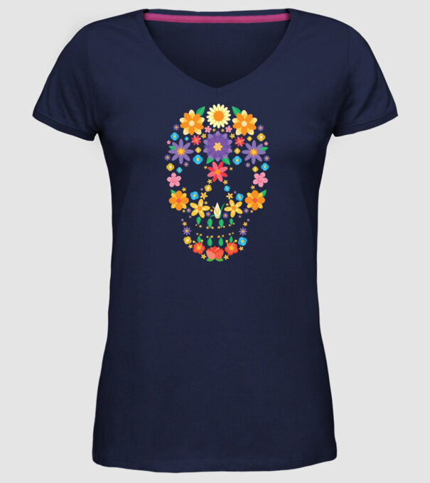 Craniu cu Flori model albastru închis pe tricou