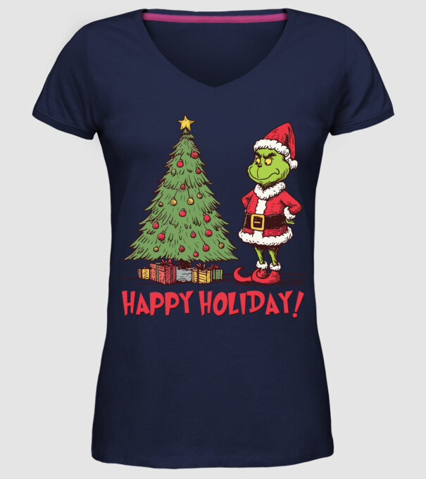 Happy Holiday Grinch model albastru închis pe tricou