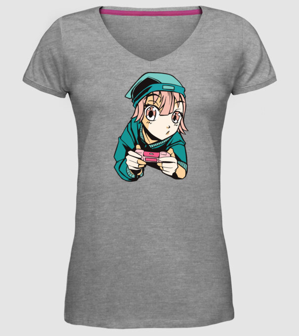 Anime fată Gamer model gri pe tricou