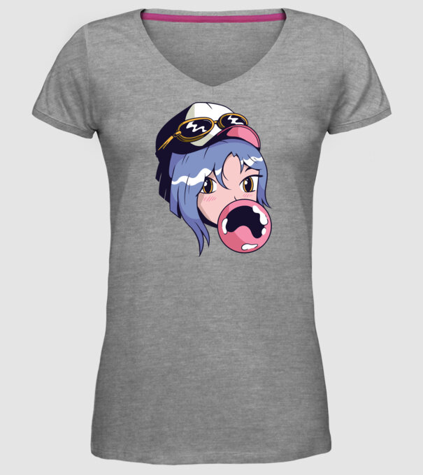 fată Anime cu gumă de mestecat model gri pe tricou