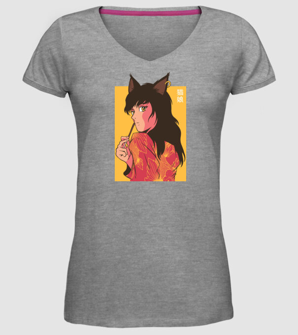 Pisică Fată Anime model gri pe tricou