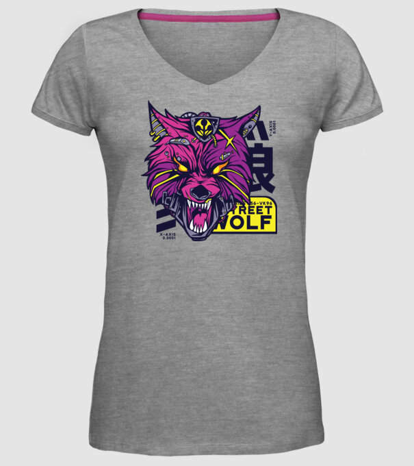 Cap de lup Cyberpunk model gri pe tricou