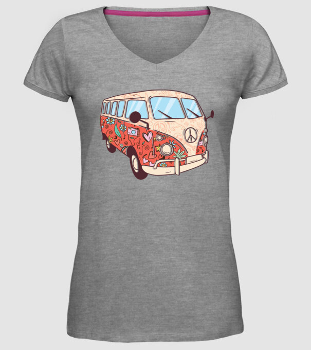 Tricou microbuz hippi retro model gri pe tricou