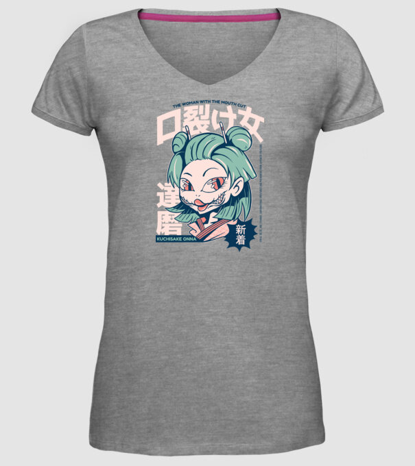 Kuchisake Onna Yokai Anime model gri pe tricou