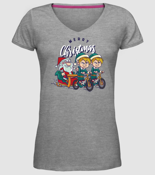 Merry Christmas Moș Crăciun cu sanie cu bicicletă model gri pe tricou
