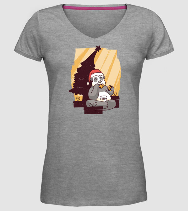 Panda mâncând prăjituri tricou Crăciun model gri pe tricou