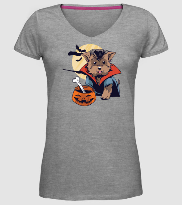 Vampir Yorkie Halloween model gri pe tricou