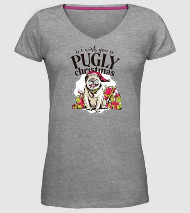 We wish You a Pugly Christmas tricou cu mops model gri pe tricou