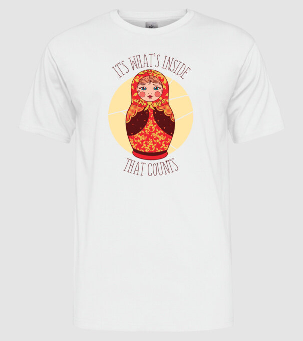 Interiorul contează - păpușă Mamushka model alb pe tricou