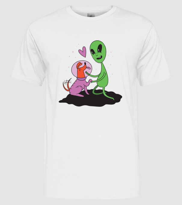 Alien cu câine model alb pe tricou