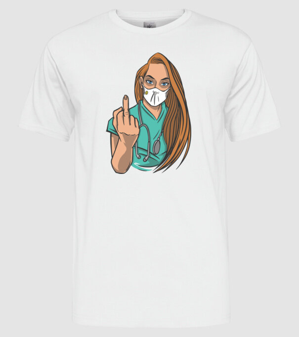 Asistentă medicală arată degetul model alb pe tricou