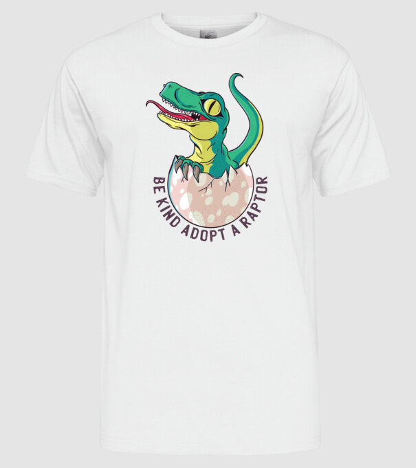 Be kind adopt a Raptor tricou cu dinozaur model alb pe tricou