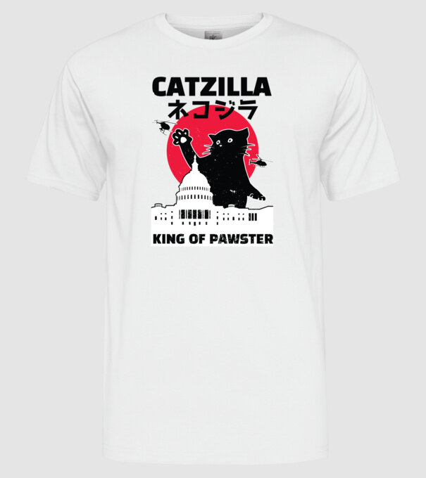Catzilla - Pisică Godzilla model alb pe tricou