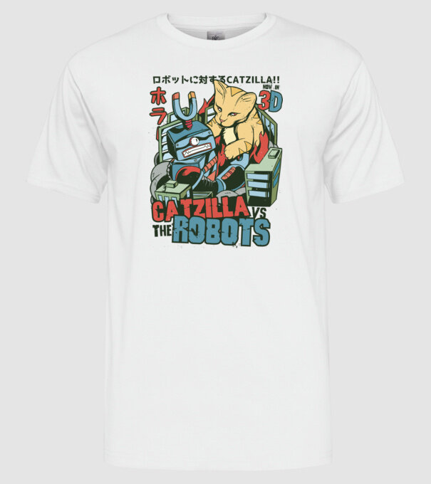 Catzilla Vs Robots model alb pe tricou