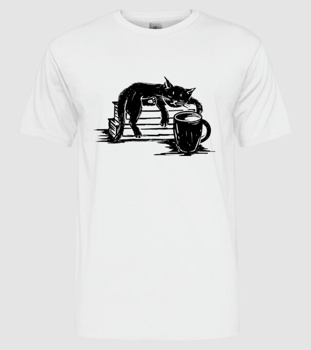 Pisică și cafea model alb pe tricou