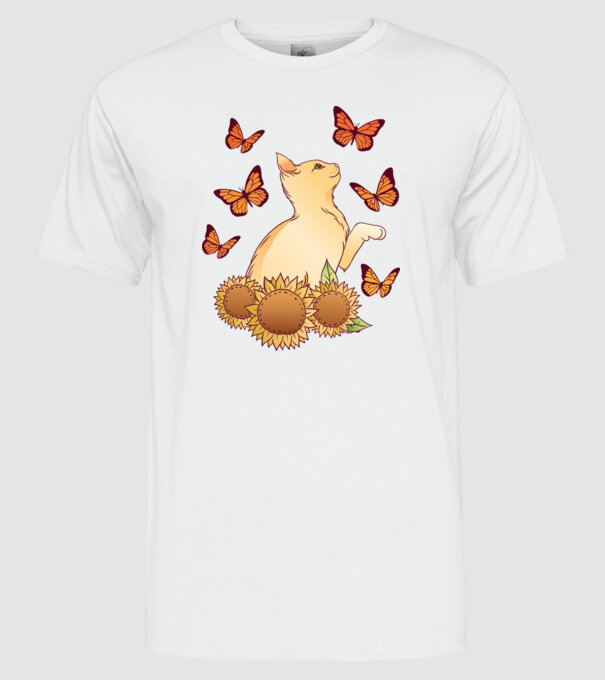 Pisică cu fluturi model alb pe tricou