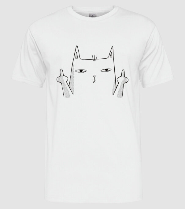 Pisică desen arată degetul model alb pe tricou