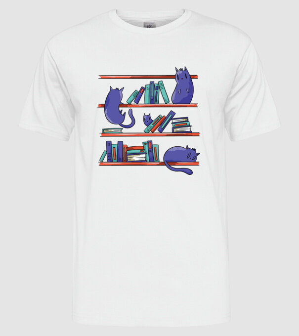 Pisici pe raftul de cărți model alb pe tricou
