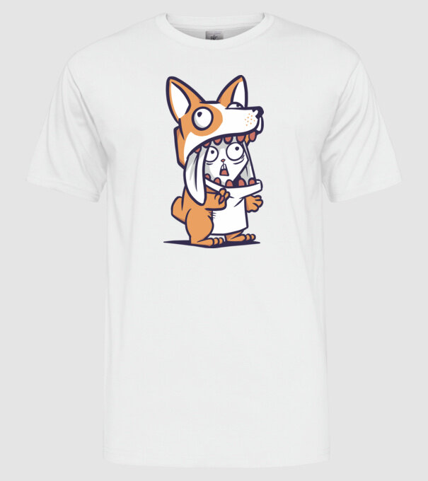 Iepuraș drăguț în costum Corgi model alb pe tricou