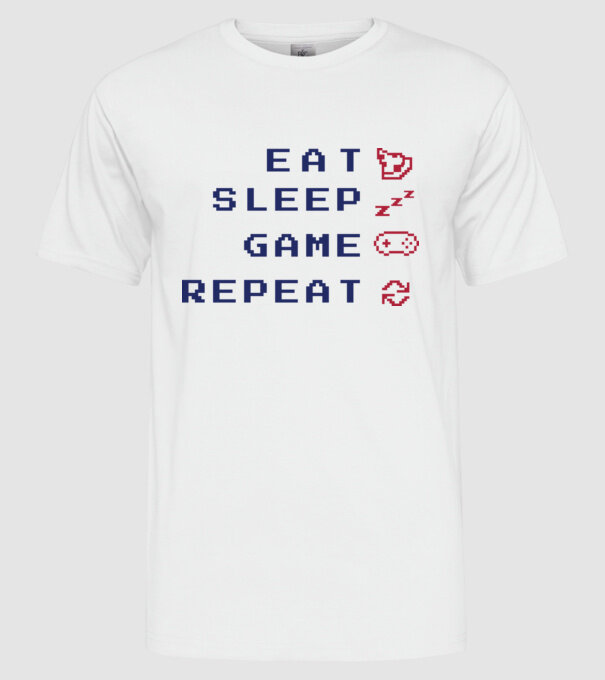 Eat Sleep Game Repeat model alb pe tricou