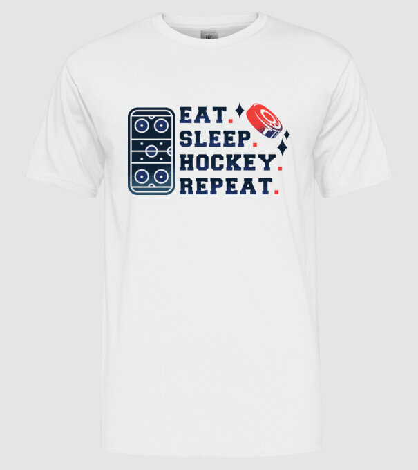 Eat Sleep Hockey Repeat model alb pe tricou