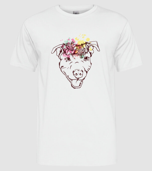 Floral Pitbull model alb pe tricou