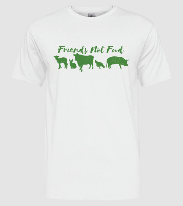 Friends Not Food Vegan model alb pe tricou