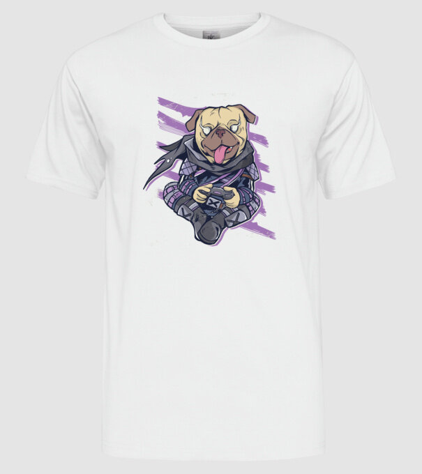 Mops Gamer tricou amuzant cu câine model alb pe tricou