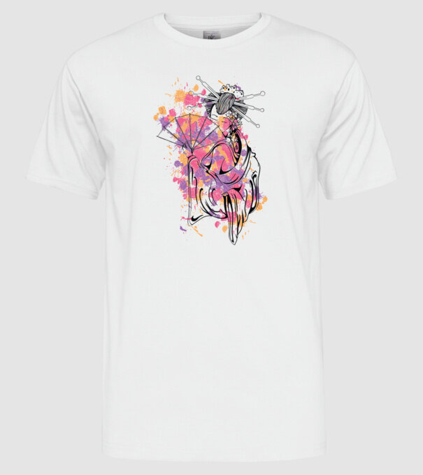 Geisha cu evantai model alb pe tricou
