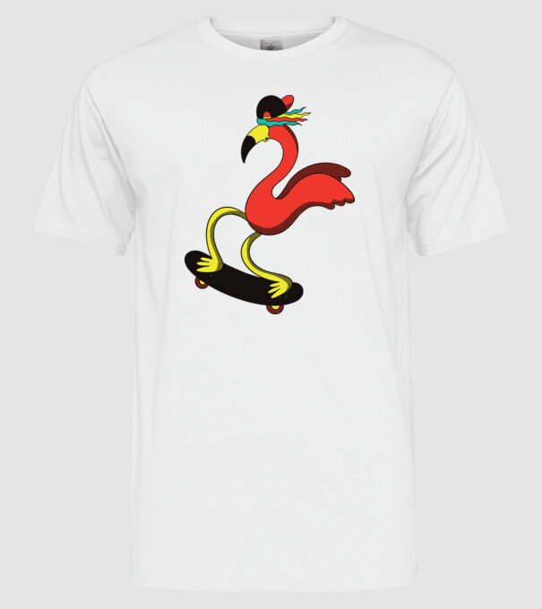 Flamingo Skateboarder model alb pe tricou