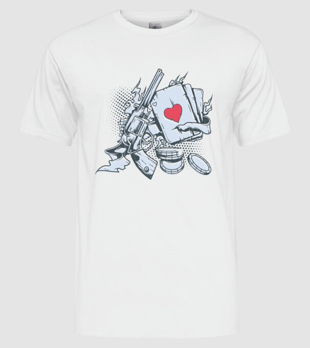 Gun with Cards model alb pe tricou