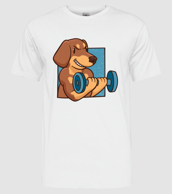 Teckel body builder model alb pe tricou