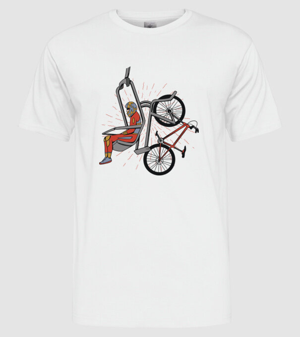 Biciclist montain bike pe teleferic model alb pe tricou