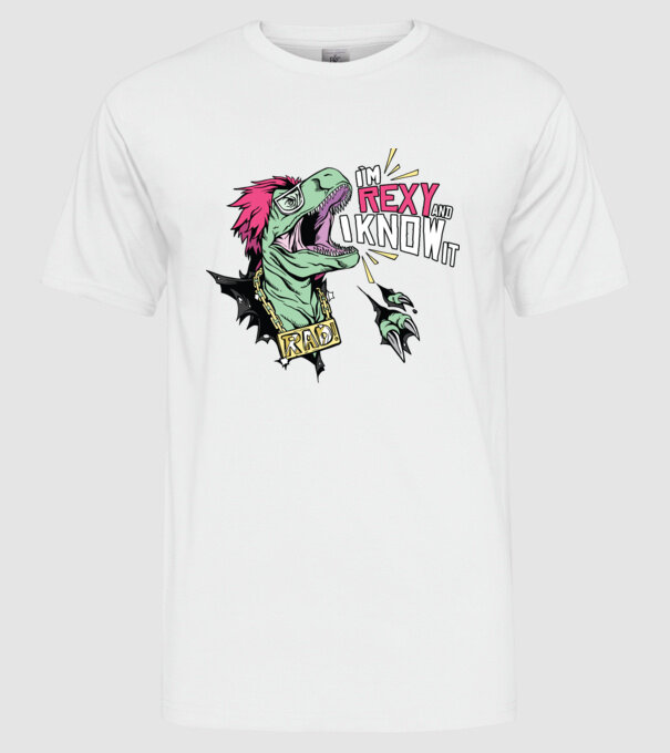 'I''m Rexy and I know it - tricou dinozaur amuzant' model alb pe tricou