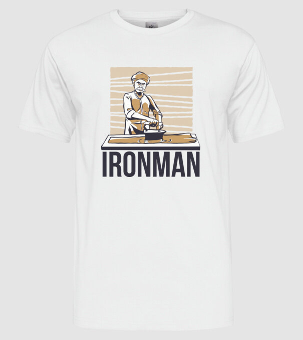 Ironman Om care calcă (montează metal) model alb pe tricou