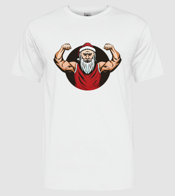 Moș Crăciun musculos model alb pe tricou