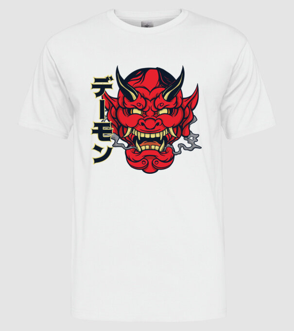 Mască demon chinez model alb pe tricou