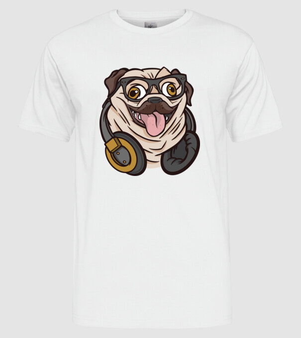 Mops cu căști model alb pe tricou