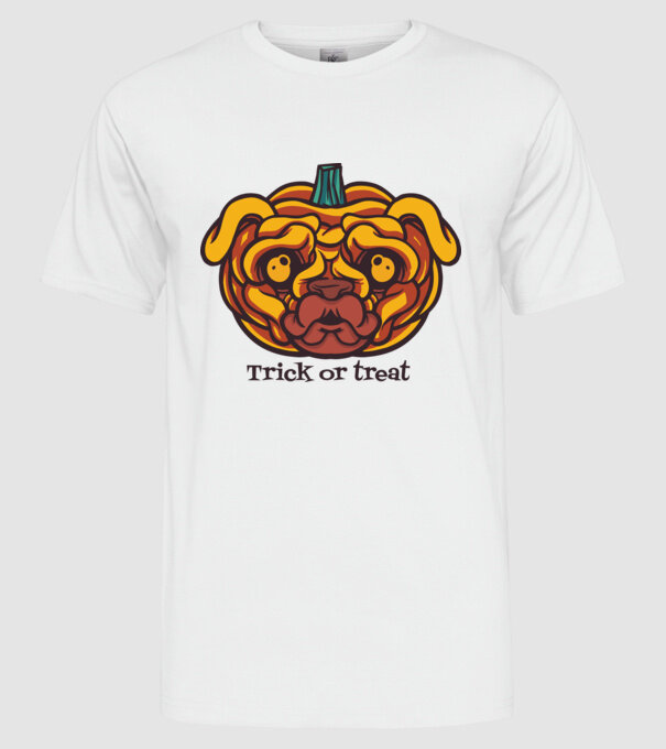 Mops cap de dovleac Halloween model alb pe tricou