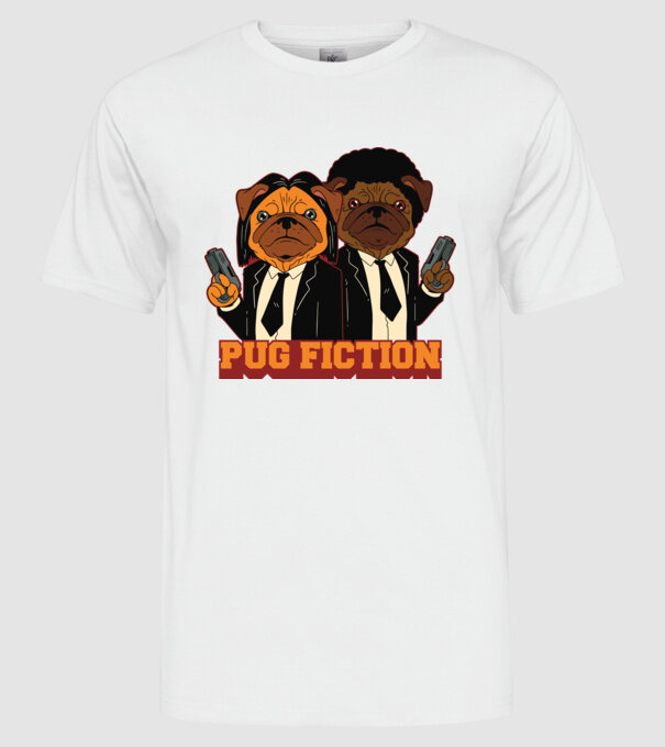 Pug Fiction Pugs Mops Pulp Fiction parodie model alb pe tricou