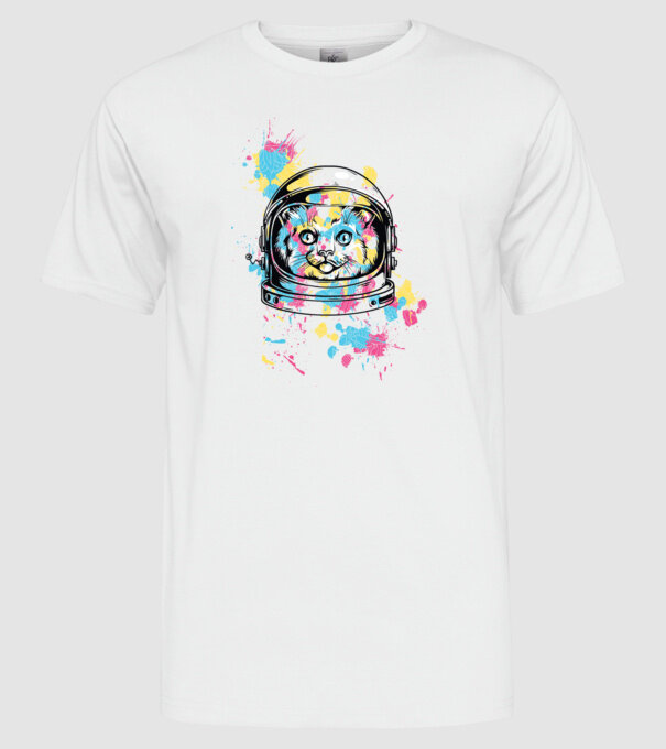 Space Cat model alb pe tricou