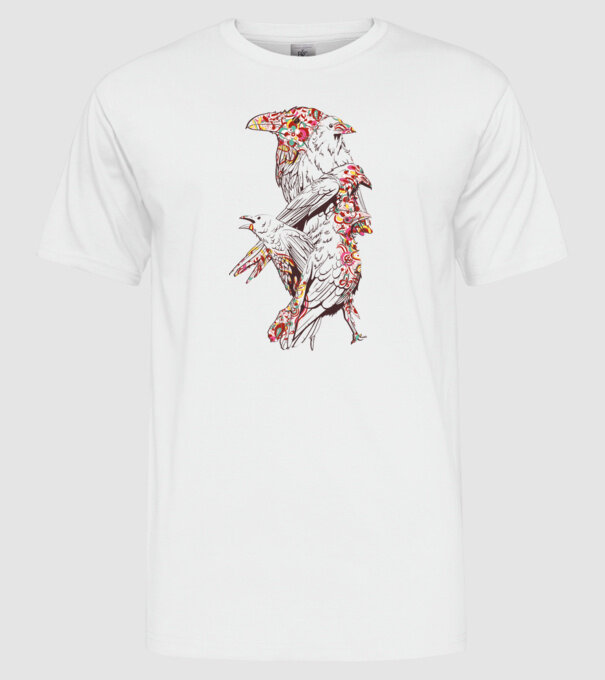 Păsări colorate model alb pe tricou