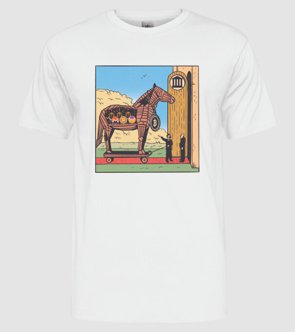 Cal troian Bitcoin model alb pe tricou