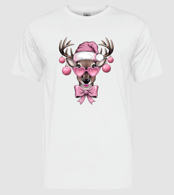 Pink Xmas Reindeer model alb pe tricou