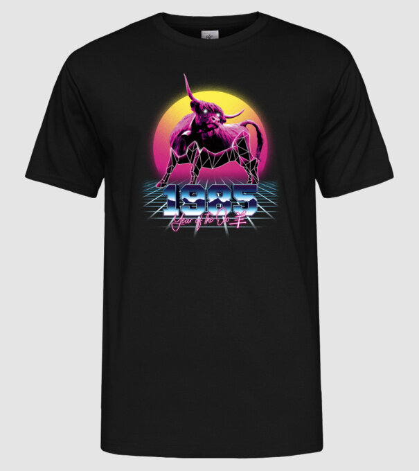 1985 Year of the Ox model negru pe tricou