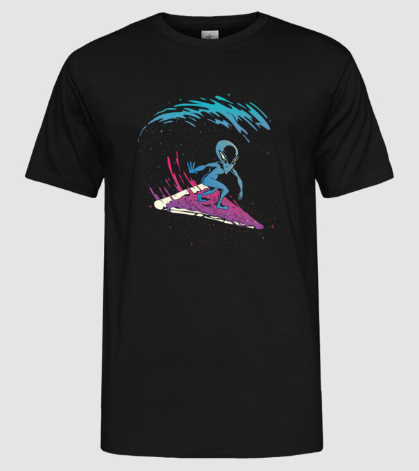 Alien Pizza Surf tricou amuzant model negru pe tricou