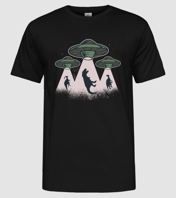 Alien OZN dinozaur model negru pe tricou
